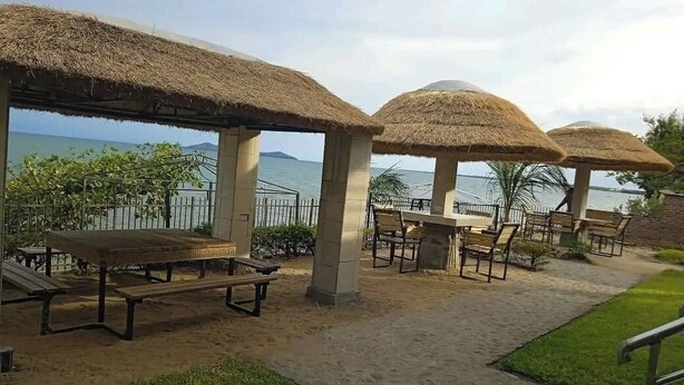 Un área de estar frente a la playa con sombrillas de paja y bancos de madera, con vista al mar.