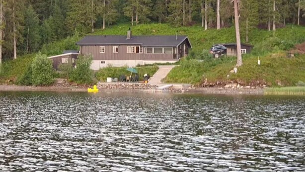 Una cabaña junto al lago con un muelle, rodeada de un bosque denso.