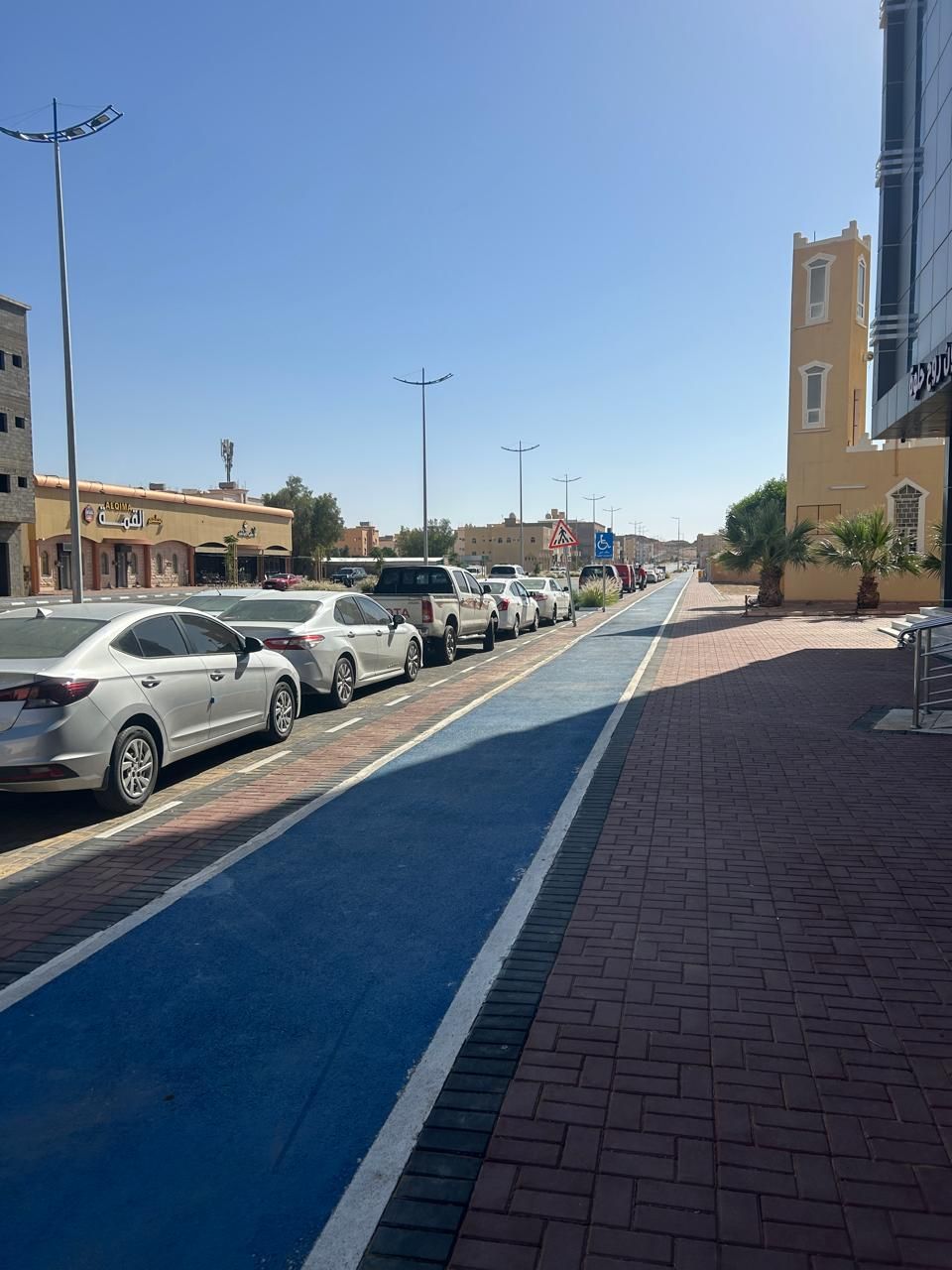 Una strada con auto parcheggiate, una corsia ciclabile blu e edifici con insegne pubblicitarie.
