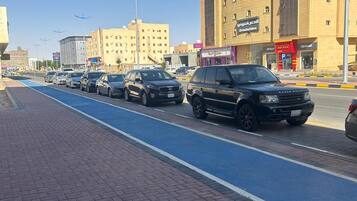 Een straat met geparkeerde auto's en een gebouw met een bord waarop 'Mansoura Palace Hotel' staat.