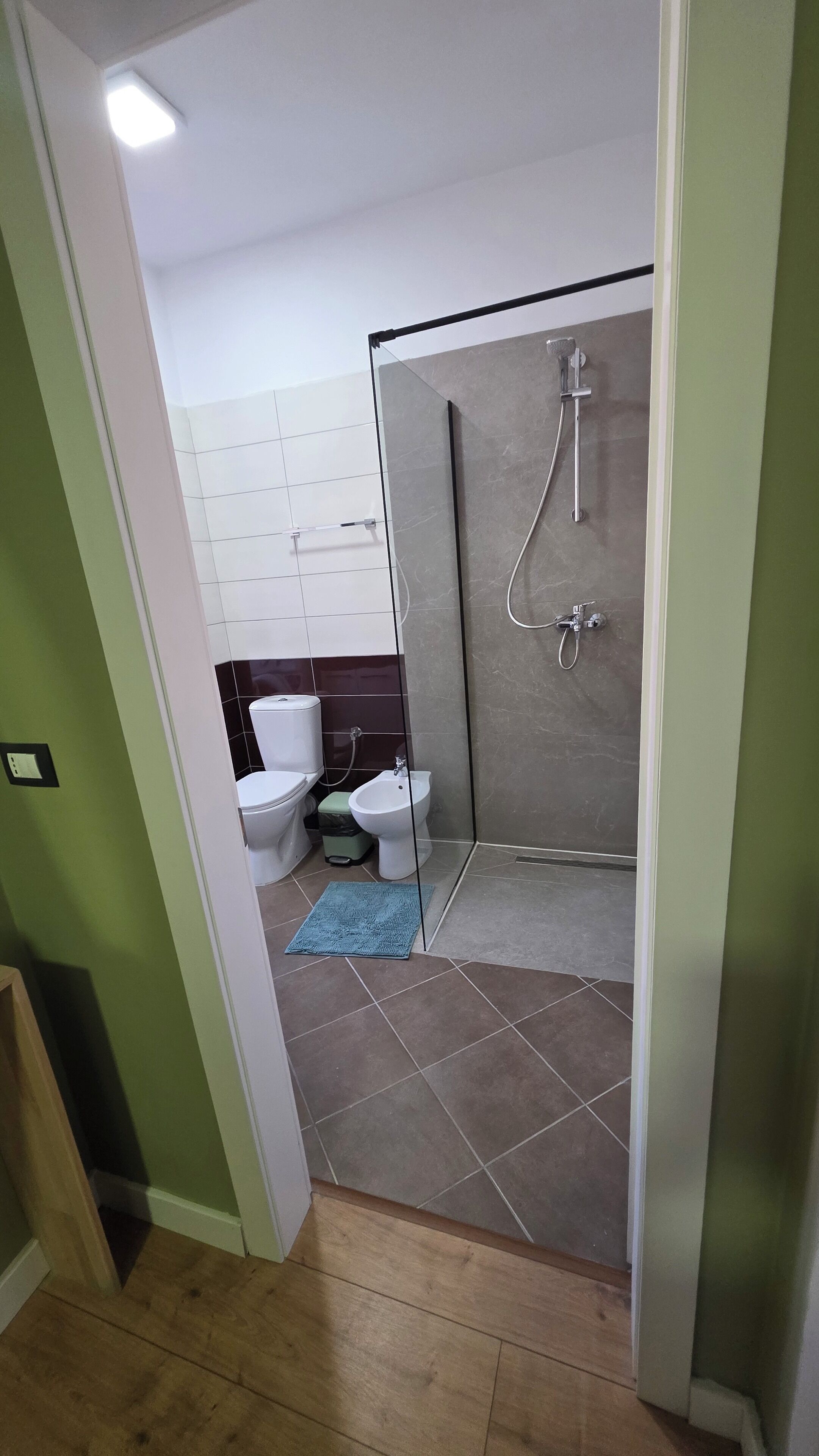 A bathroom with a shower, toilet, bidet, and a small rug on the floor.