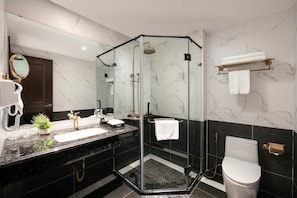 Shower, hair dryer, towels