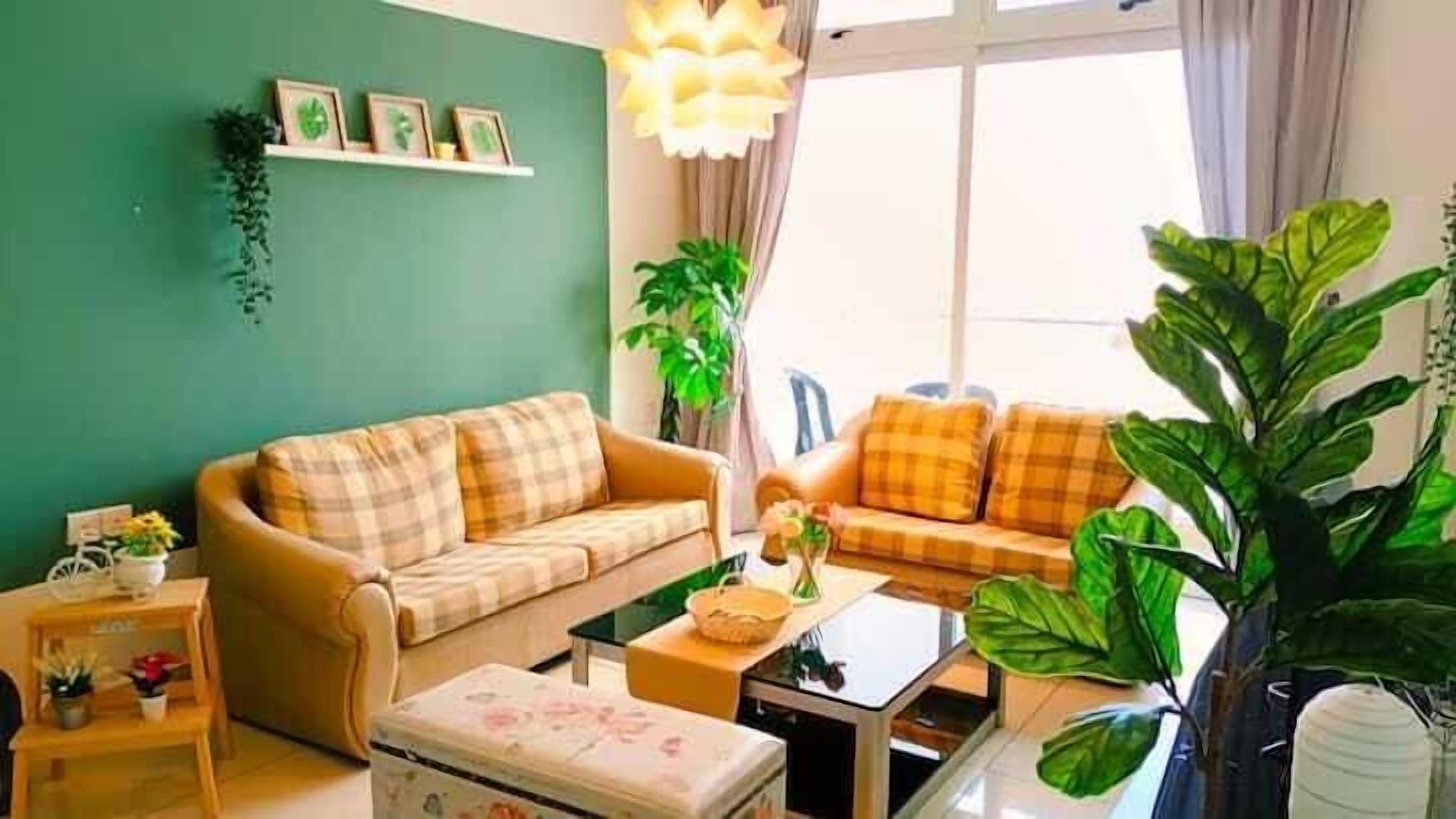 A living room with two sofas, a coffee table, a small table with a vase, and a large plant.