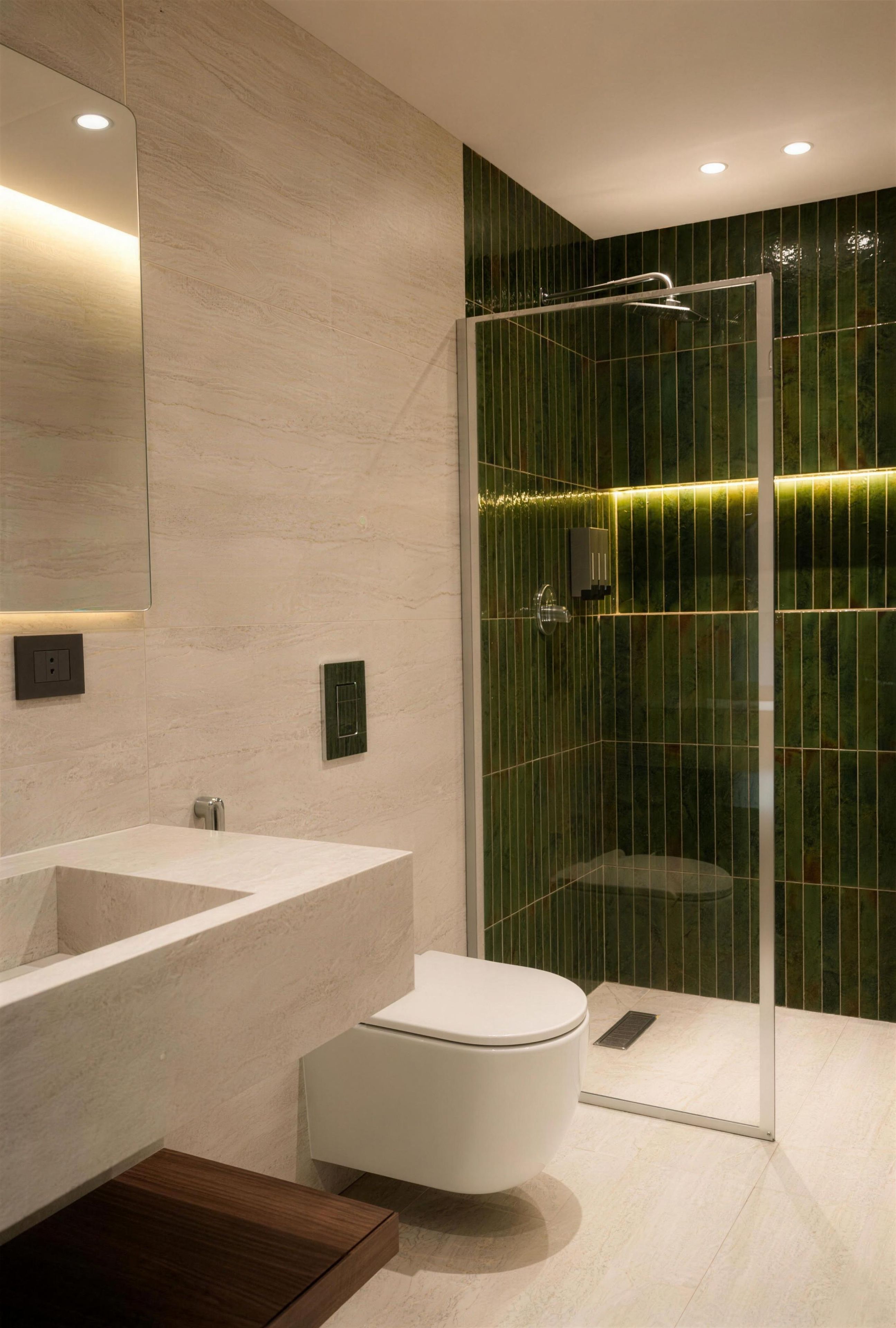 Une salle de bain moderne avec une douche à parois de verre, un lavabo blanc et des toilettes.