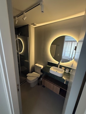 Hair dryer, towels, soap, toilet paper