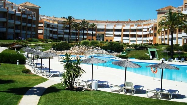 Un hôtel doté d’une piscine, de chaises longues et de palmiers.
