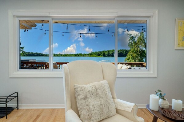 Smart TV, fireplace, books