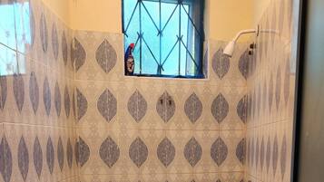 Shower, towels, soap, toilet paper