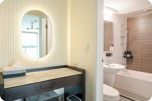 Hair dryer, bidet, towels, soap