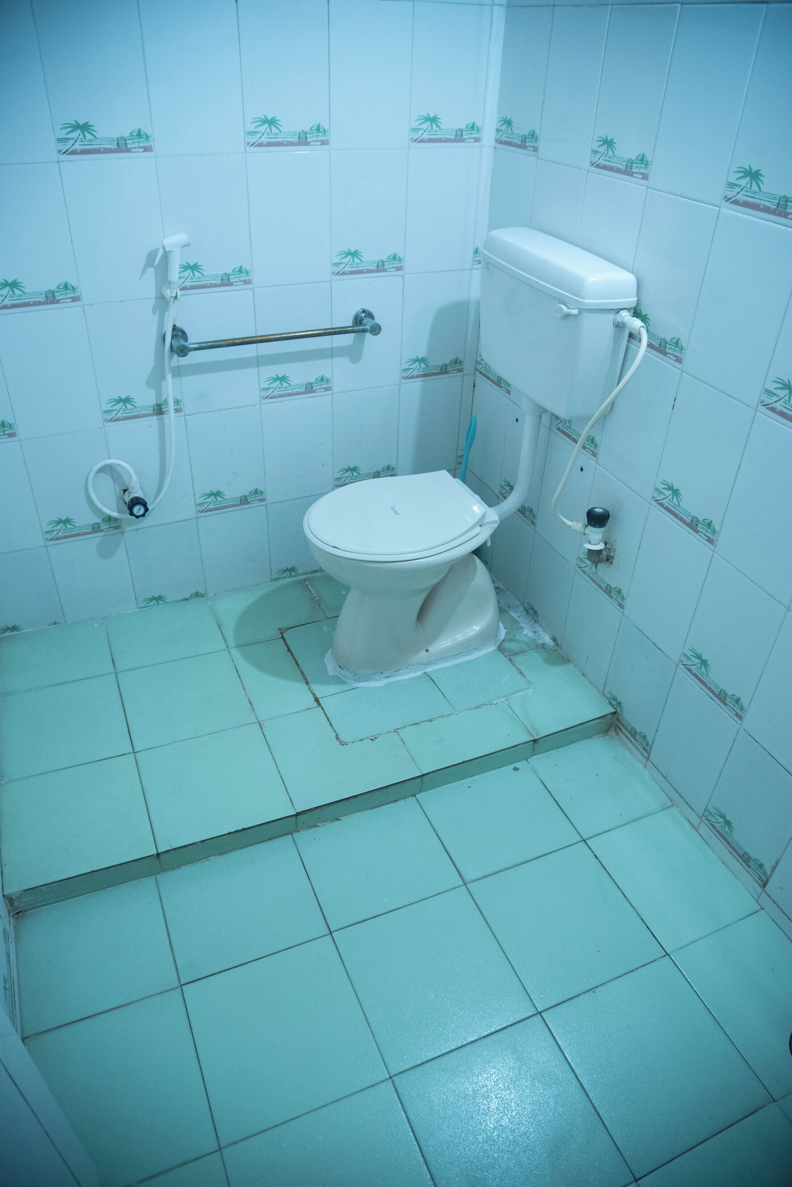 Een kleine betegelde badkamer met toilet, een handgreep en een douchehoek.