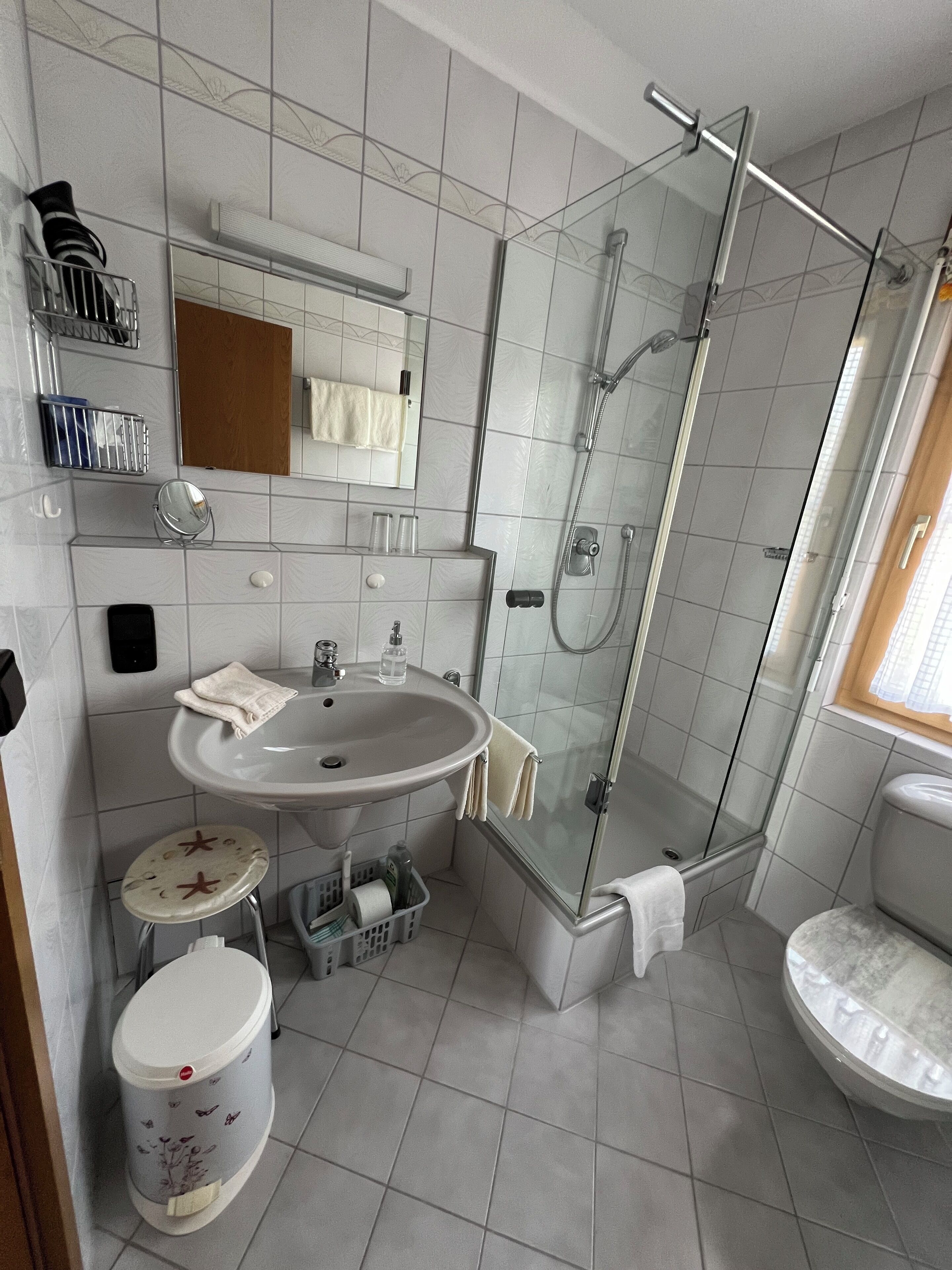 Dusche, Haartrockner, Handtücher, Toilettenpapier