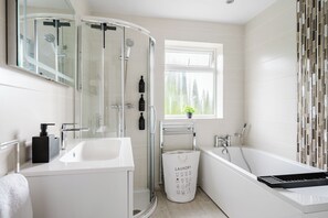 Hair dryer, towels, soap, toilet paper