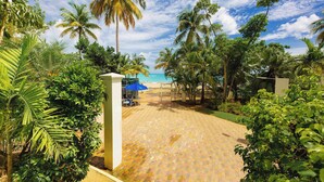 A paved pathway leading to a beach area with palm trees and a blue umbrella.