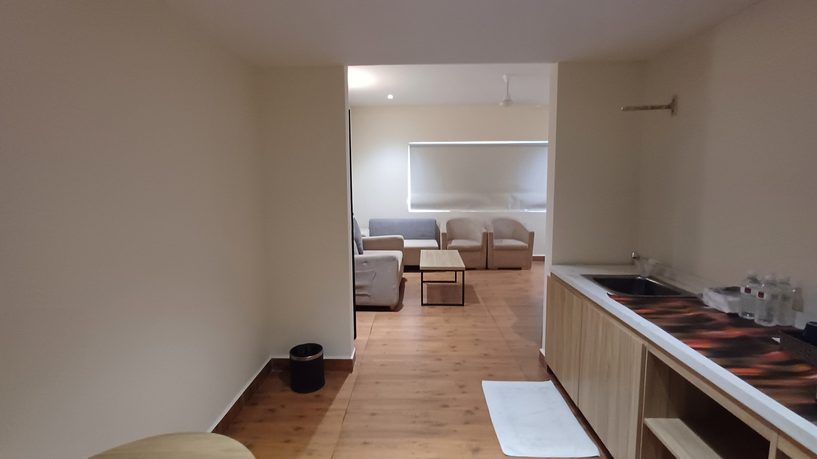 A modern kitchen with a countertop and sink, a dining area with a table and chairs, and a living area with sofas and a TV.