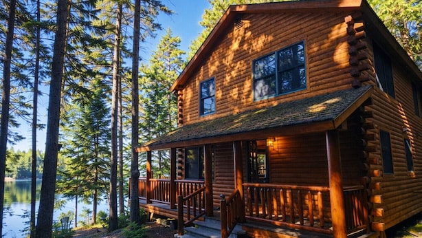 A log cabin with a porch, a staircase, and a view of a lake surrounded by trees. - Pine Camp*Seaplane/Boat Dock*Lake/Mountain View*Kayaks (Greenville)