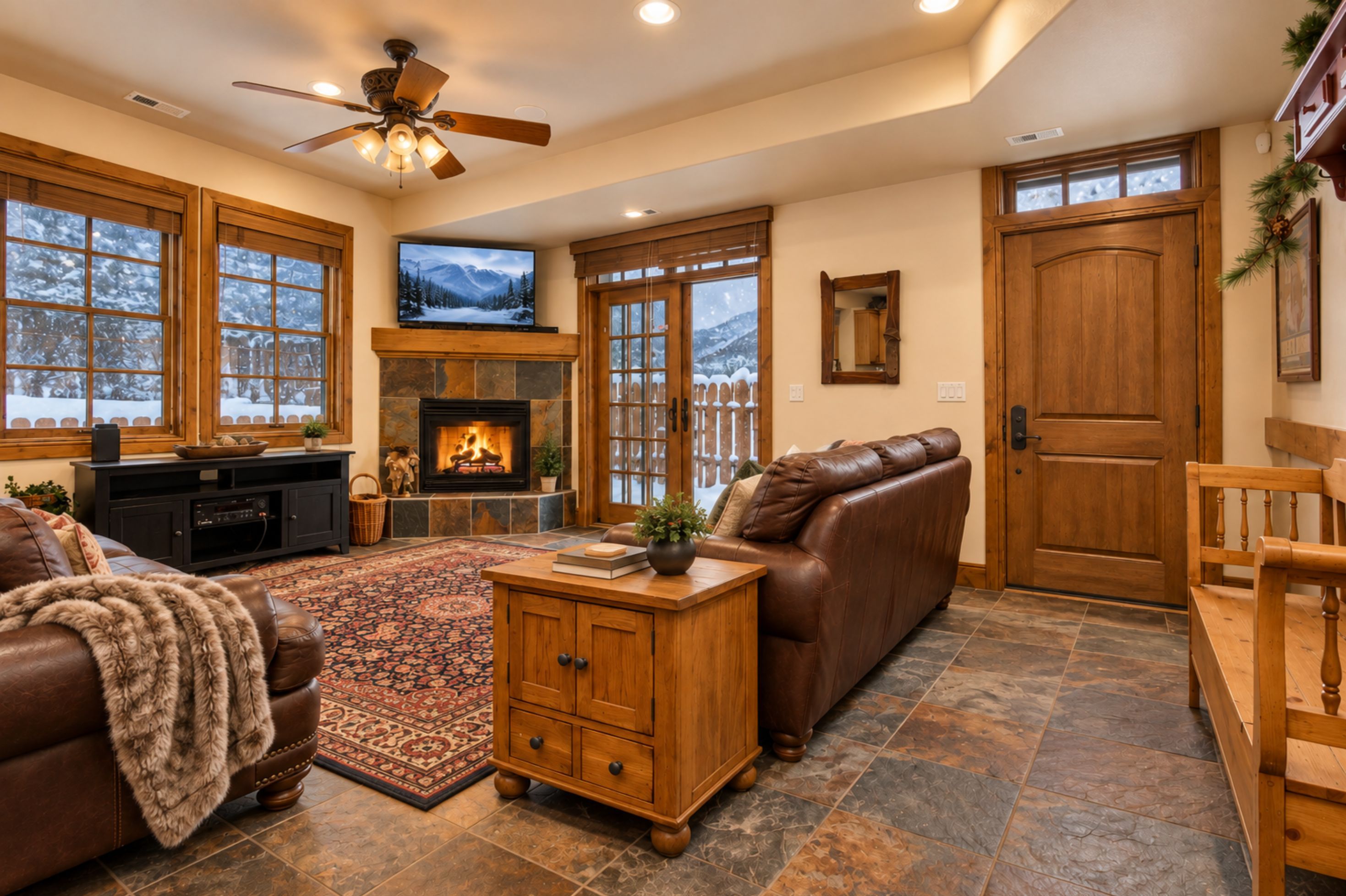 A cozy living room with a fireplace, leather sofas, a television, and a large wooden door.