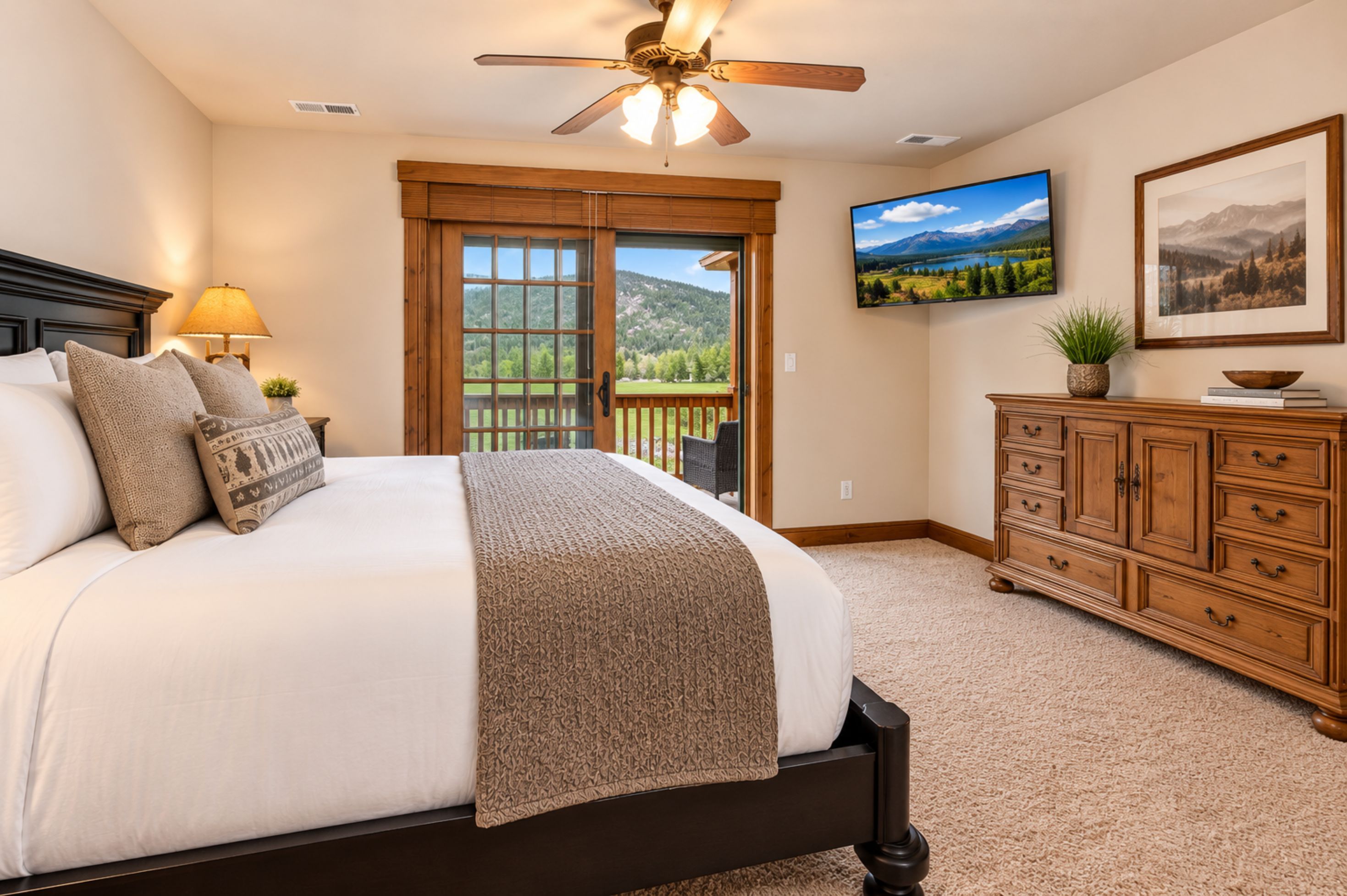 A bedroom with a large bed, a ceiling fan, a view through a glass door, a television, and a wooden dresser.