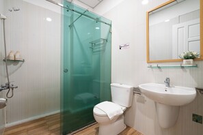 Shower, hair dryer, slippers, towels