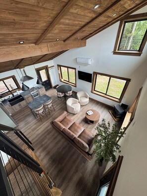 Smart TV, fireplace, books, video library