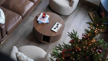 Una Smart TV, una chimenea, libros, una videoteca