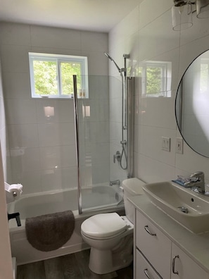 Shower, towels, soap, toilet paper
