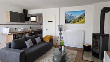 Een televisie en een open haard