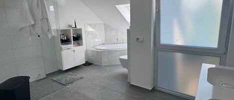 Shower, hair dryer, towels, toilet paper