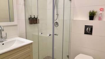 Shower, hair dryer, towels