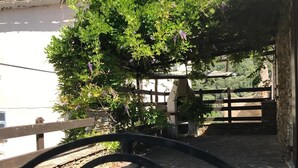 A stone-paved courtyard with a metal gate featuring a monogram.