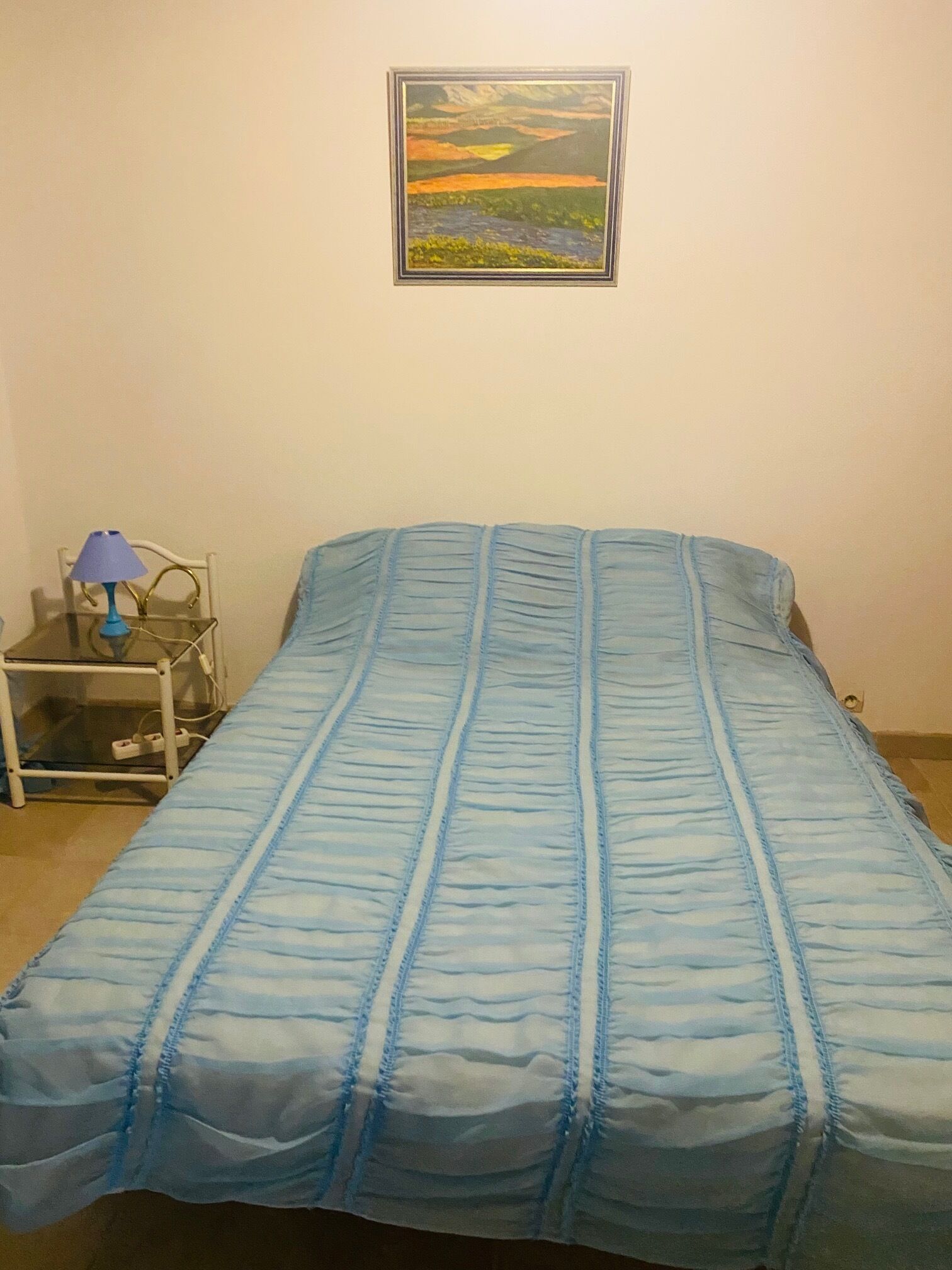 A bed with a blue bedspread, a bedside table with a lamp, and a painting on the wall.