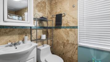Hair dryer, towels, soap, toilet paper