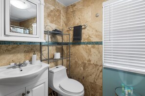 Hair dryer, towels, soap, toilet paper