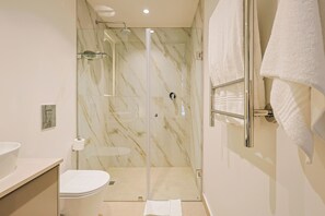 Shower, hair dryer, towels, soap