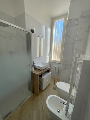 Hair dryer, bidet, towels, soap