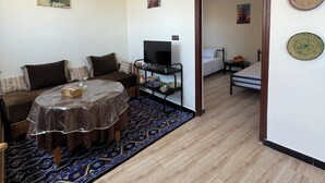 Una sala de estar con un sofá, una mesa de centro, un televisor sobre un mueble bajo y una alfombra estampada.