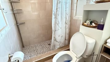 Hair dryer, towels, soap, toilet paper