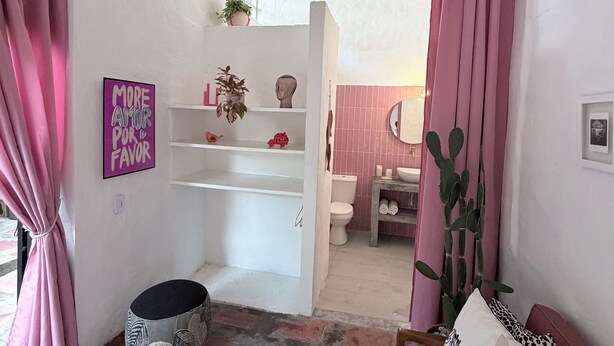 A bathroom with a toilet, sink, and mirror. There is a shelf with decorative items and a hanging plant. - Casa Amberes (Honda)