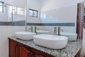 Hair dryer, towels, soap, toilet paper