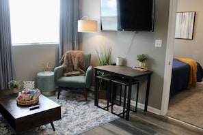 1 bedroom, desk, iron/ironing board, travel cot