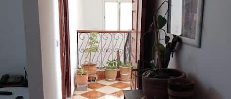 A hallway leading to a balcony with potted plants and a checkered floor.