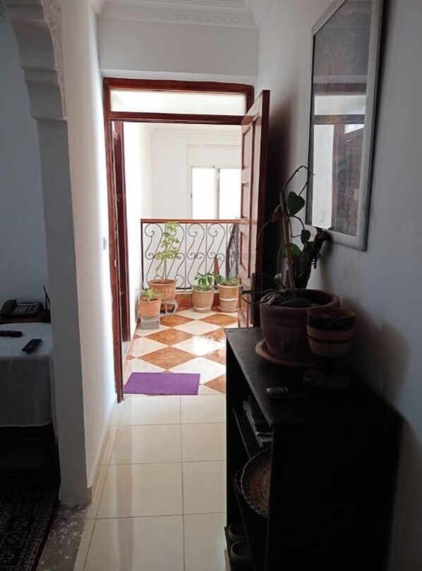 A hallway leading to a balcony with potted plants and a checkered floor.