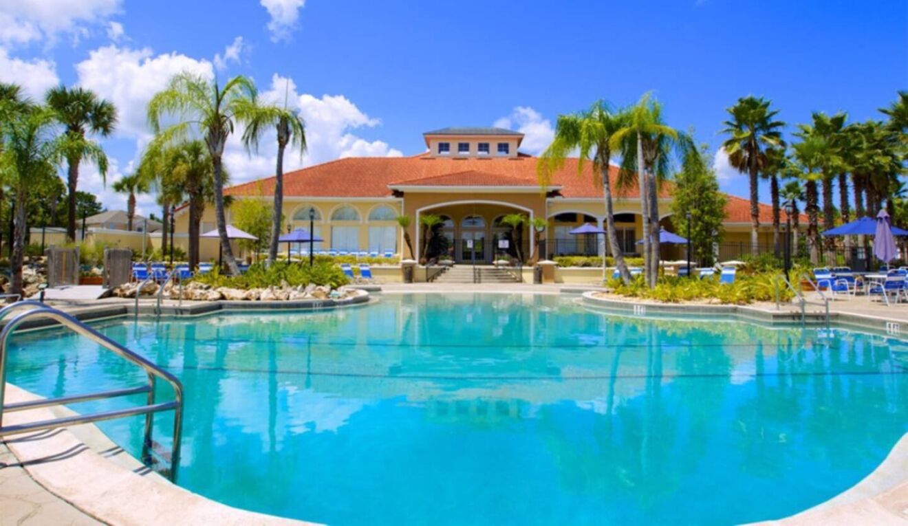 A swimming pool with a clear blue water, surrounded by palm trees and lounge chairs.