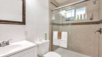 Shower, towels, soap, shampoo