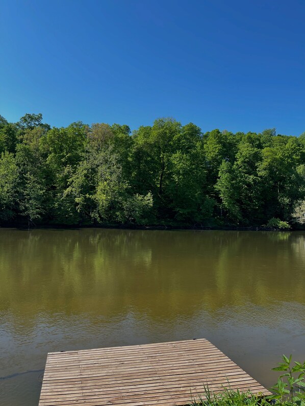 A wooden dock extending into a calm lake surrounded by dense green trees under a clear blue sky.