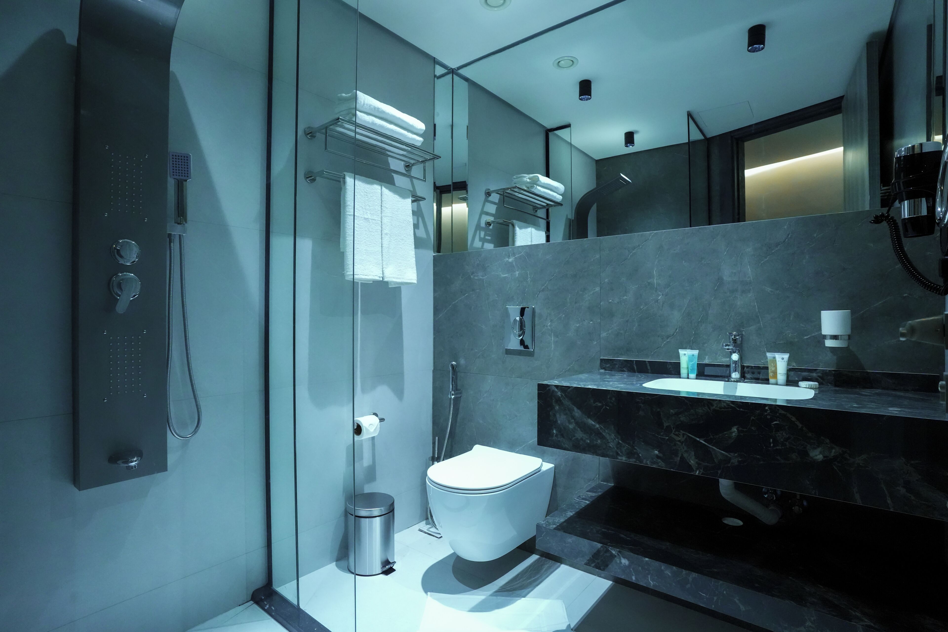 Ducha, secador de pelo, pantuflas, toallas