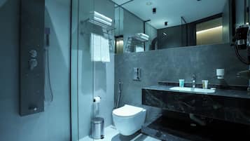 Ducha, secador de pelo, pantuflas, toallas