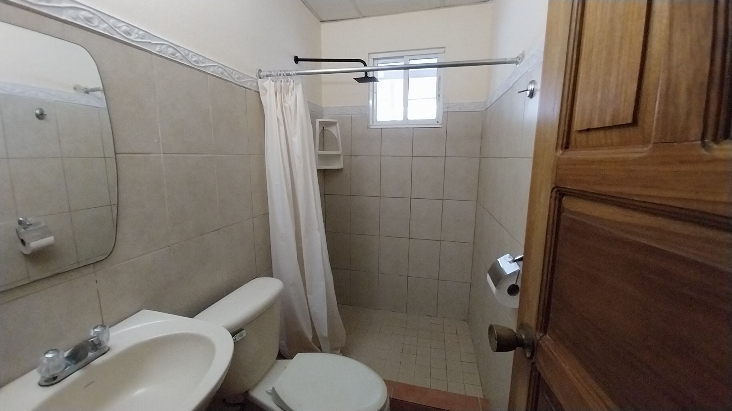 A bathroom with a toilet, sink, mirror, shower, and a wooden door.