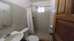 Ein Badezimmer mit Toilette, Waschbecken, Spiegel, Dusche und einer Holztür.