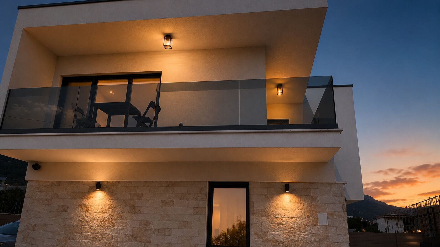 A modern two-story building with a balcony, a stone facade, and a mountain view.