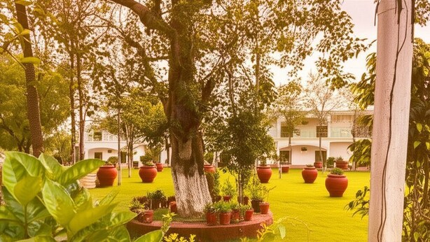 A courtyard with a large tree, potted plants, and a building in the background. - The Elegance Resort (Chittorgarh)